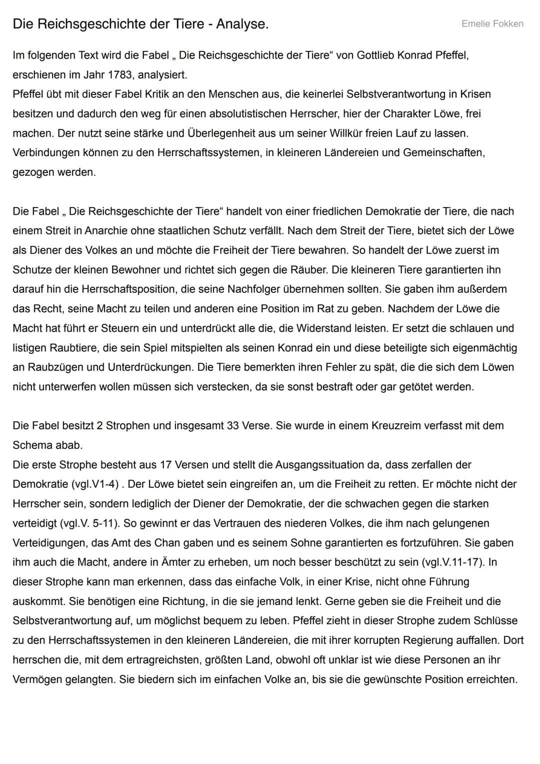 Die Reichsgeschichte der Tiere - Analyse.
Im folgenden Text wird die Fabel, Die Reichsgeschichte der Tiere" von Gottlieb Konrad Pfeffel,
ers