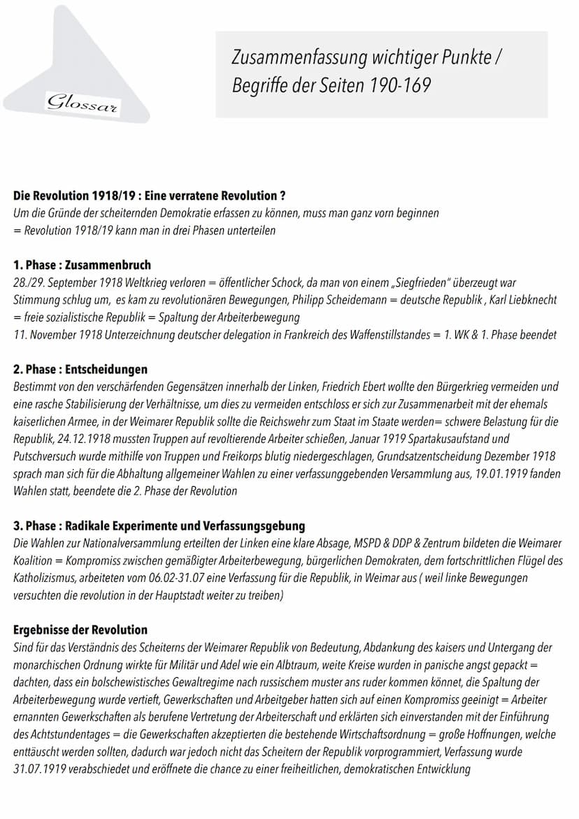 Glossar
Zusammenfassung wichtiger Punkte/
Begriffe der Seiten 190-169
Die Revolution 1918/19: Eine verratene Revolution ?
Um die Gründe der 
