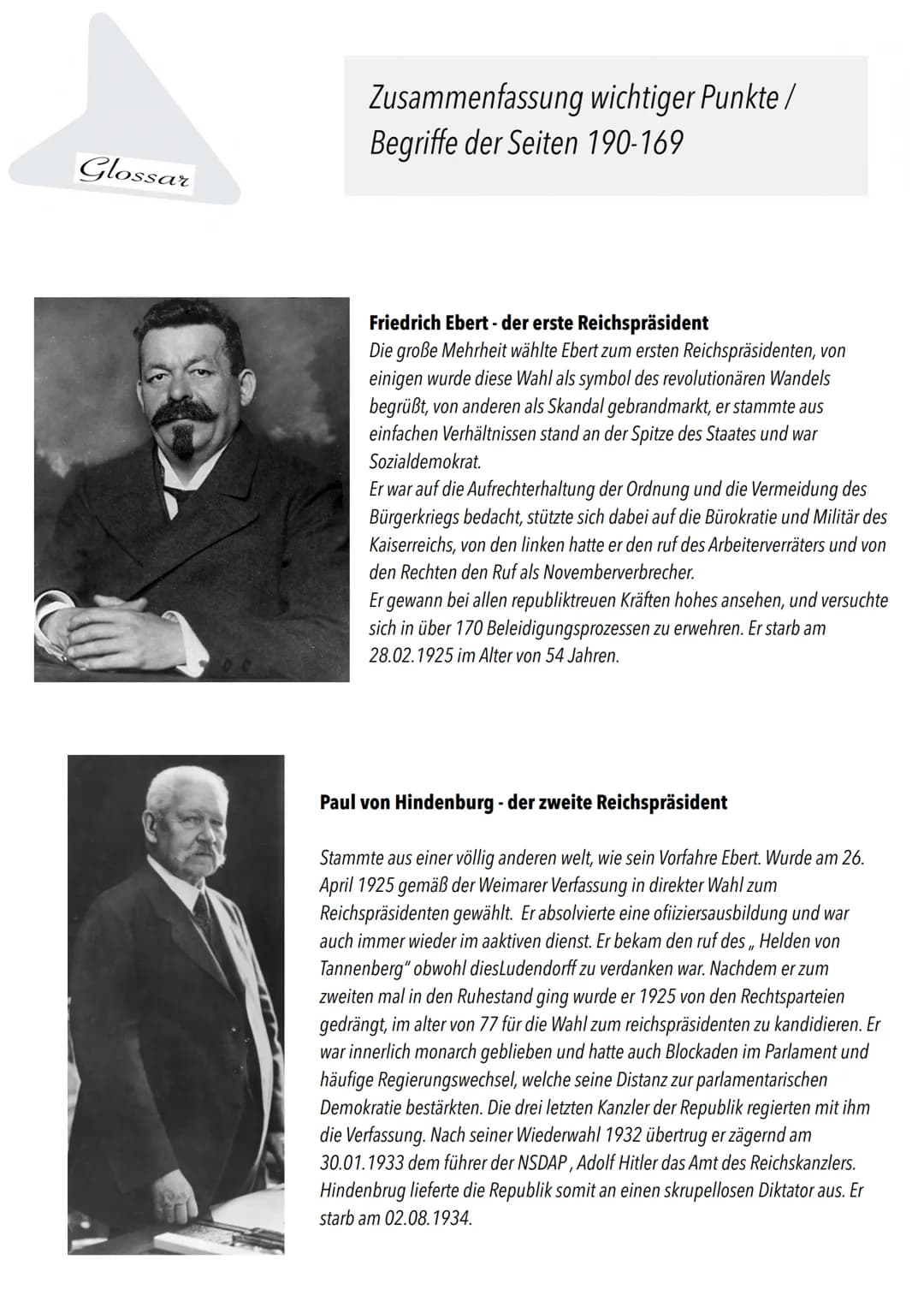 Glossar
Zusammenfassung wichtiger Punkte/
Begriffe der Seiten 190-169
Die Revolution 1918/19: Eine verratene Revolution ?
Um die Gründe der 