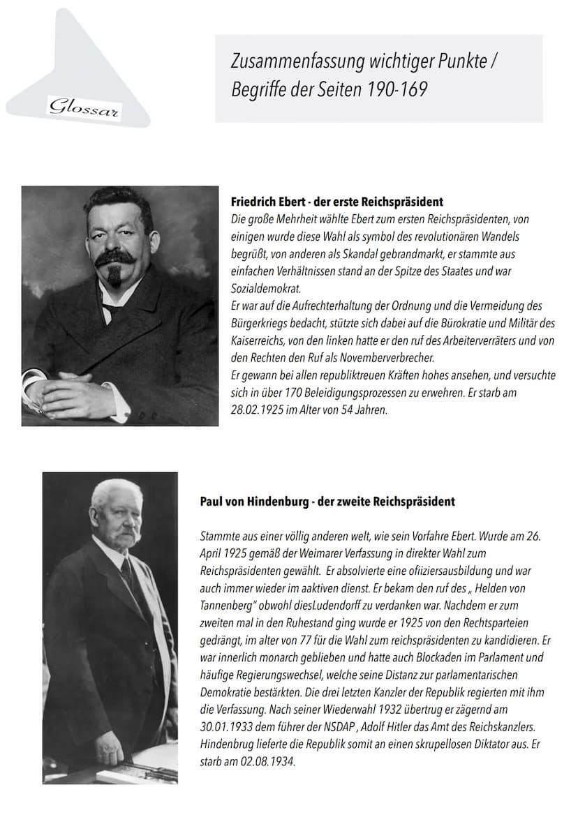 Glossar
Zusammenfassung wichtiger Punkte/
Begriffe der Seiten 190-169
Die Revolution 1918/19: Eine verratene Revolution ?
Um die Gründe der 
