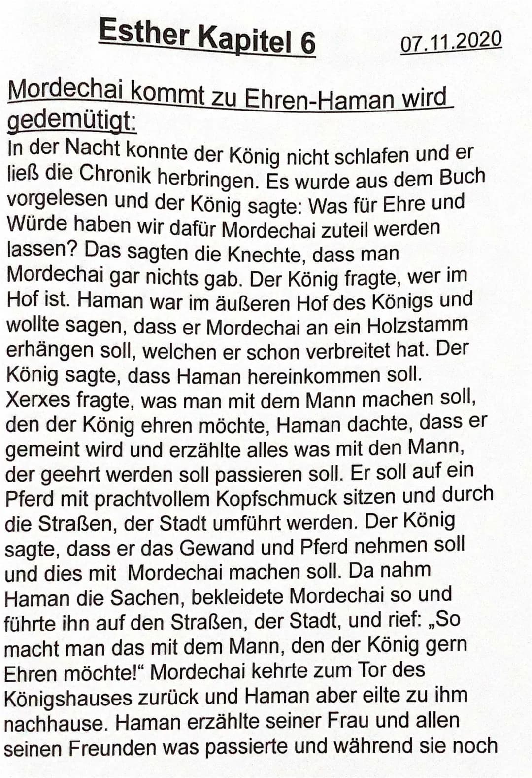 Esther Kapitel 6 Zusammenfassung (Mordechai kommt zu Ehren-Haman wird gedemütigt)