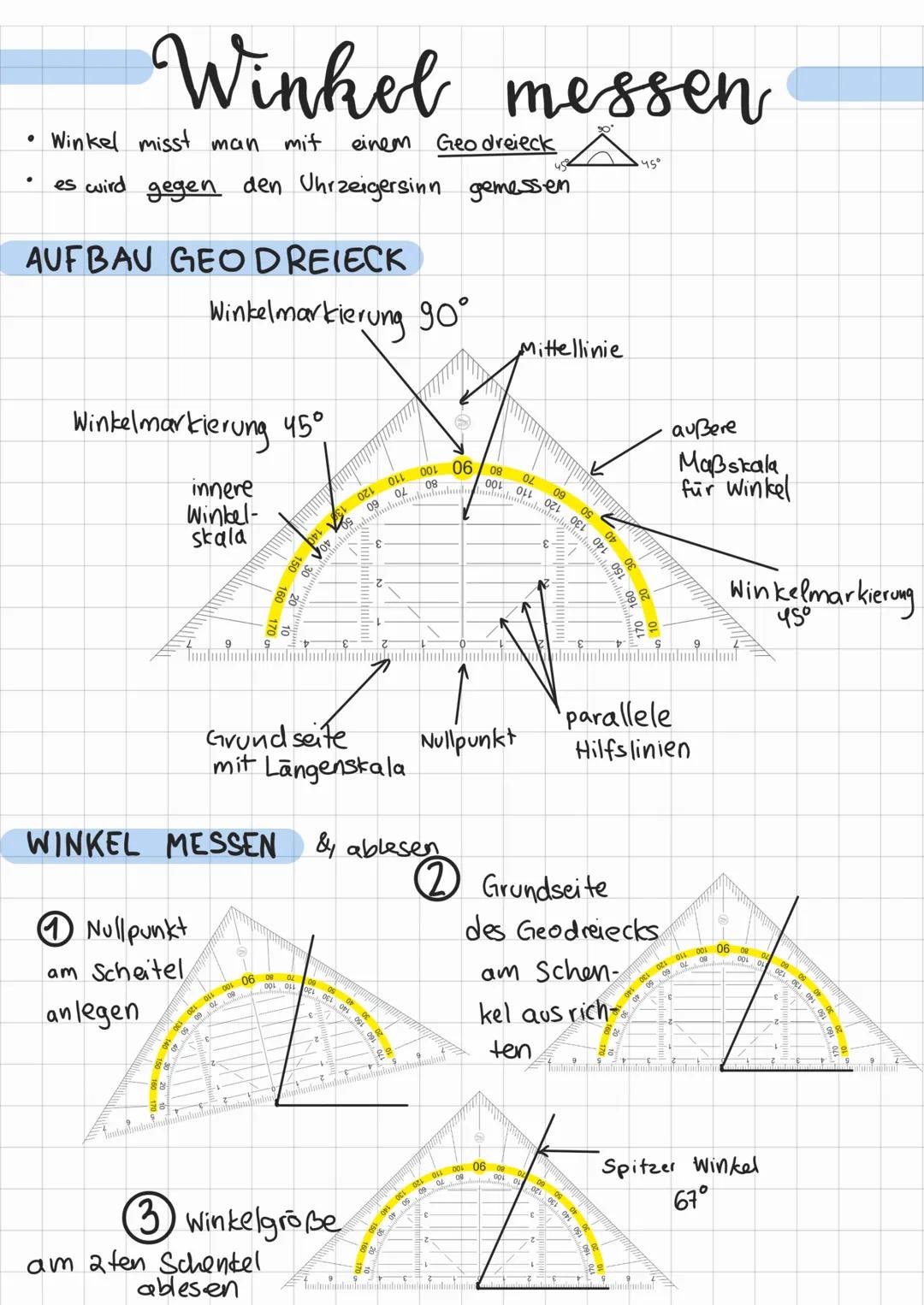 ●
●
Winkel messen
mit
Winkel misst man
einem Geo dreieck
es wird gegen den Uhrzeigersinn gemessen
AUFBAU GEO DREIECK
Winkelmarkierung 45°
in