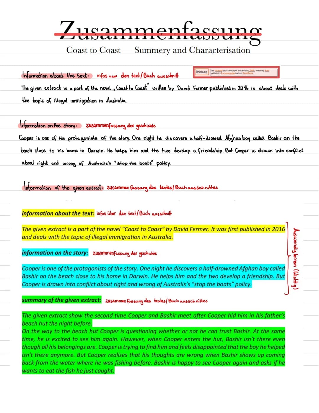 Coast to Coast — Summery and Characterisation
Name: Study_Queen
Englisch Klasse 9 Zusammenfassung
Summery and Characterisation
Coast to Coas