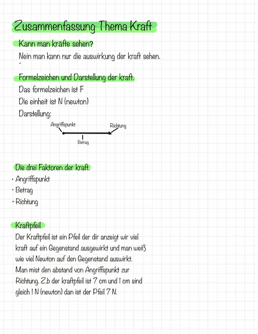 Zusammenfassung Thema Kraft
Kann man kräfte sehen?
Nein man kann nur die auswirkung der kraft sehen.
Formelzeichen und Darstellung der kraft
