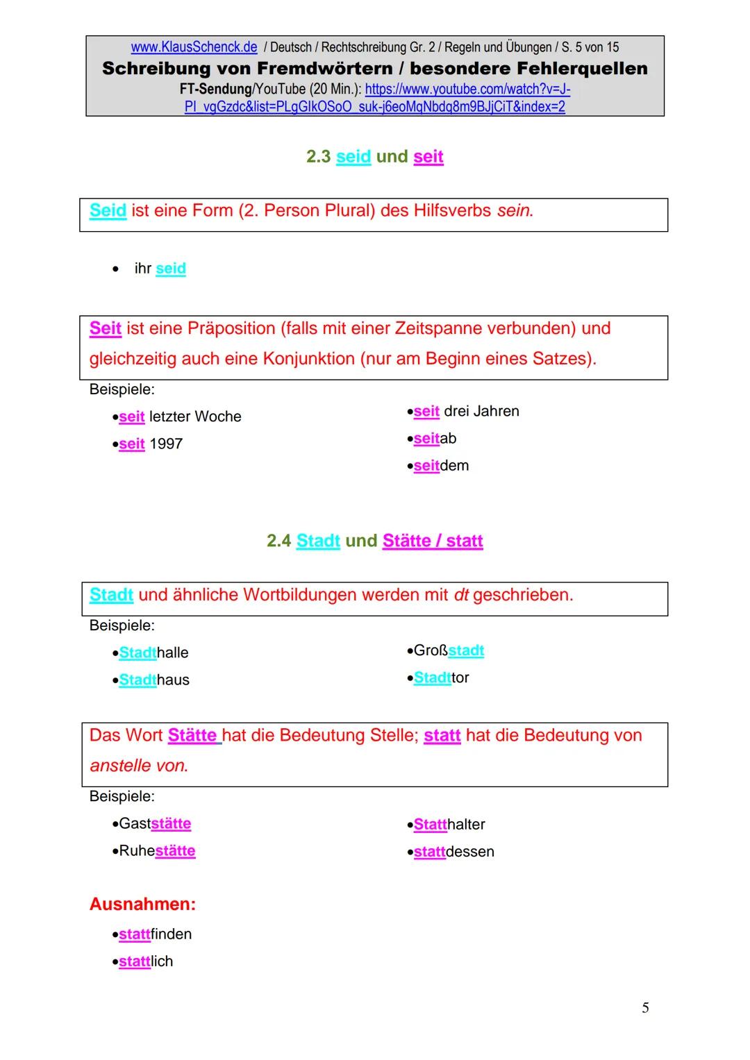 www.KlausSchenck.de / Deutsch (2008/09) / Rechtschreibung Gr. 1 / Regeln und Übungen / S. 1 von 11
s-Laute / Doppelungen / dass/das
FT-Sendu