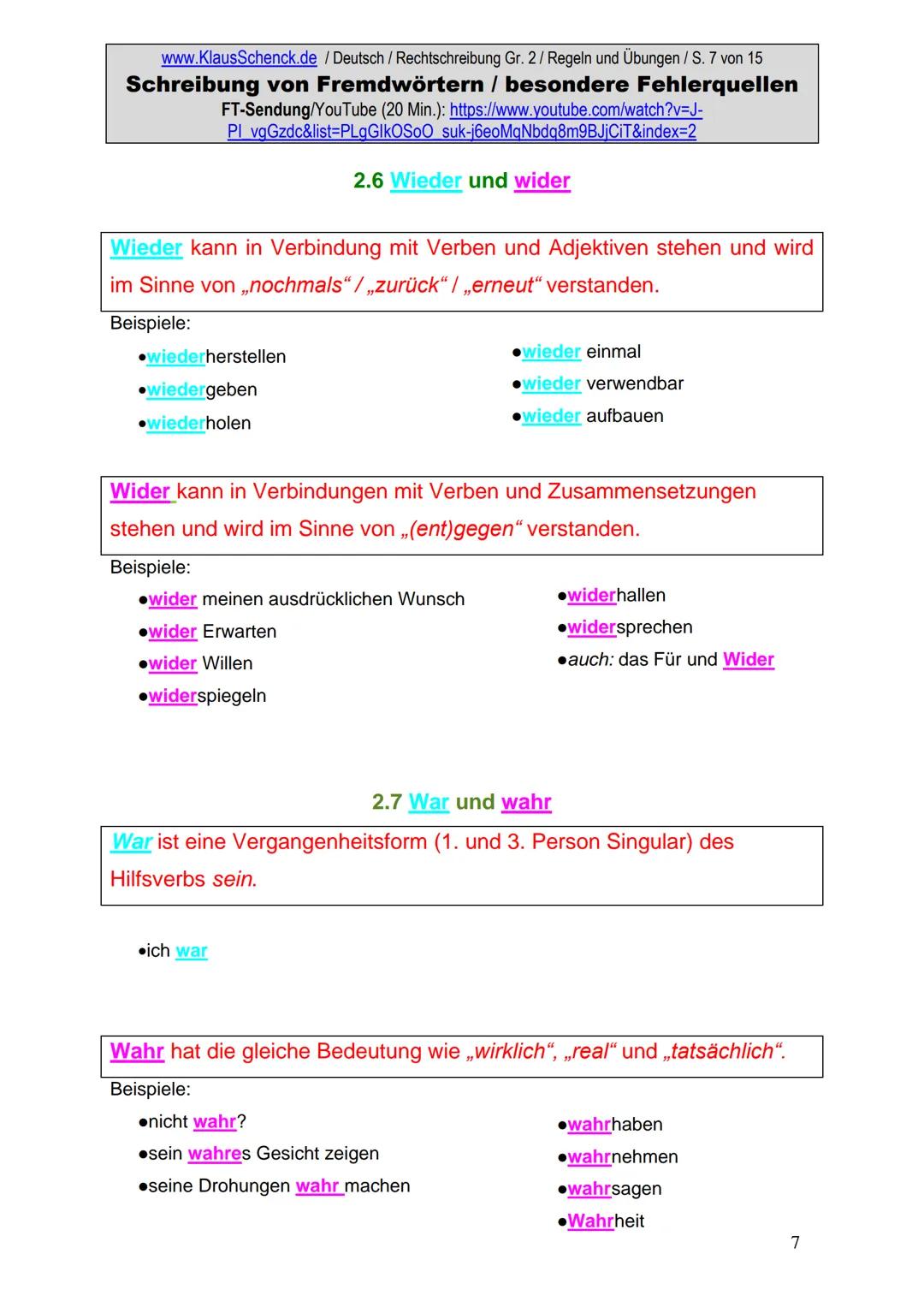 www.KlausSchenck.de / Deutsch (2008/09) / Rechtschreibung Gr. 1 / Regeln und Übungen / S. 1 von 11
s-Laute / Doppelungen / dass/das
FT-Sendu