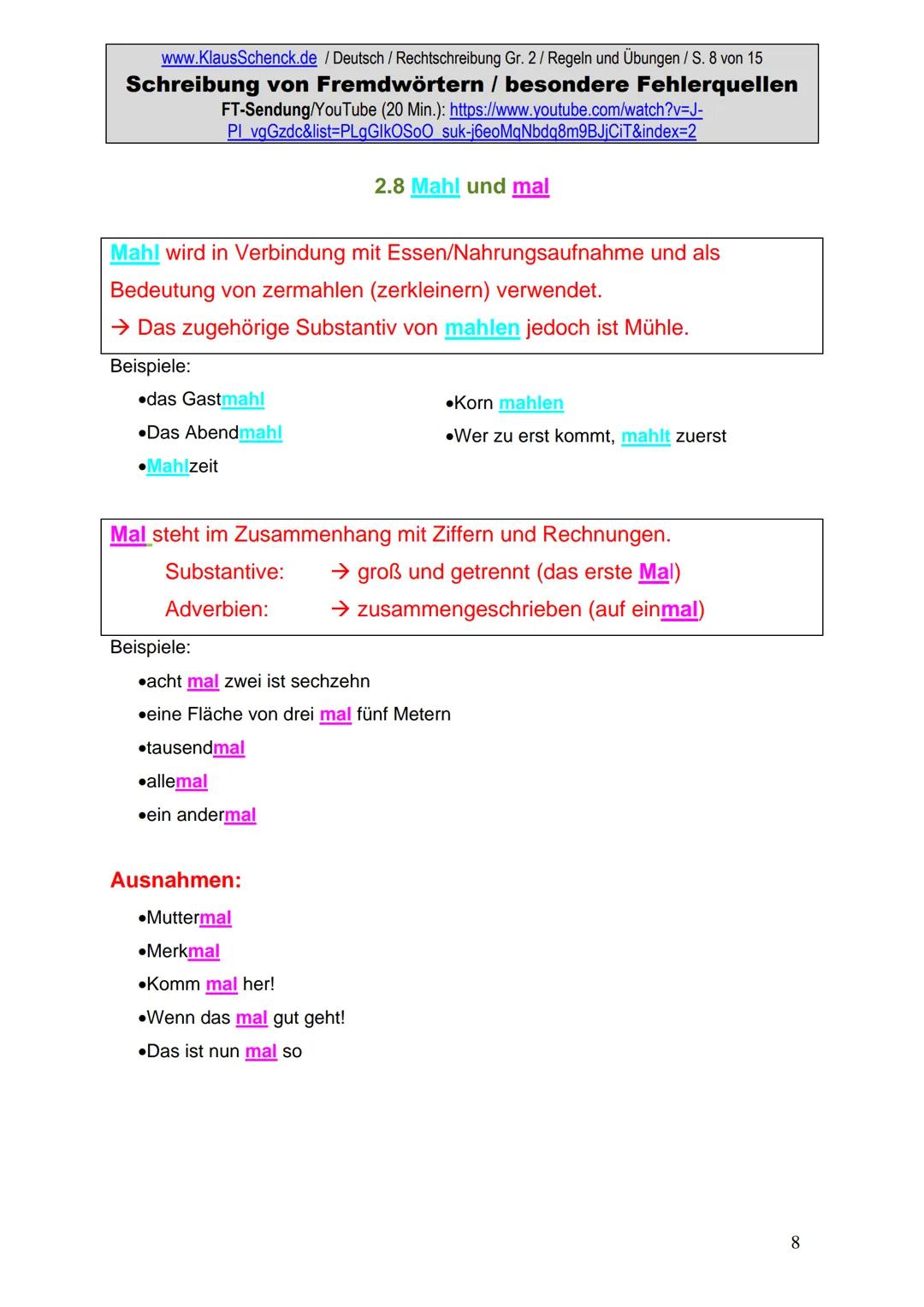 www.KlausSchenck.de / Deutsch (2008/09) / Rechtschreibung Gr. 1 / Regeln und Übungen / S. 1 von 11
s-Laute / Doppelungen / dass/das
FT-Sendu