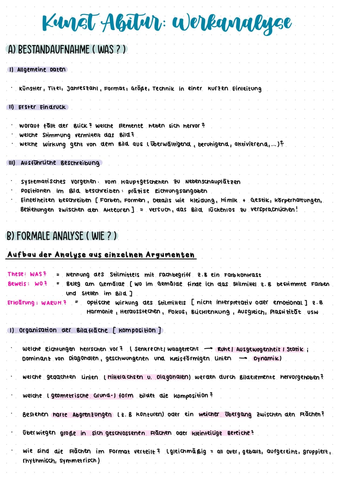Kunet Abitur: Werkanalyse
A) BESTANDAUFNAHME ( WAS ? )
(1) Allgemeine Daten
künstler, Titel, Jahreszani, Format, Größe, Technik in einer kur