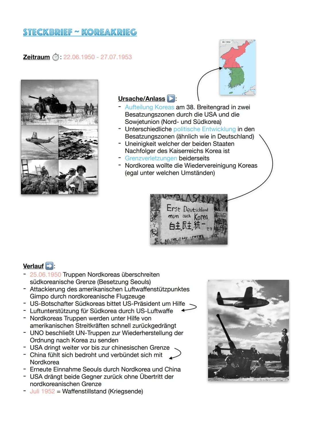 STECKBRIEF KOREAKRIEG
Zeitraum: 22.06.1950 - 27.07.1953
TIL
Ursache/Anlass
Aufteilung Koreas am 38. Breitengrad in zwei
Besatzungszonen durc