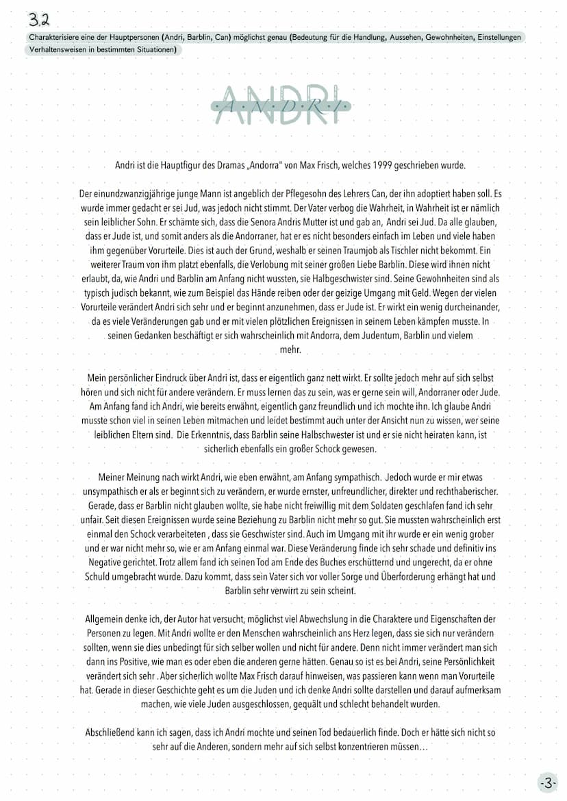 Lesetagebuch
ANDORRA
Von Max Frisch →
Pflichtaufgaben
Inhaltsverzeichnis
3. Personenkonstellation
↳ 3.2 Charakterisierung
↳ 3.3 Gedanken ein