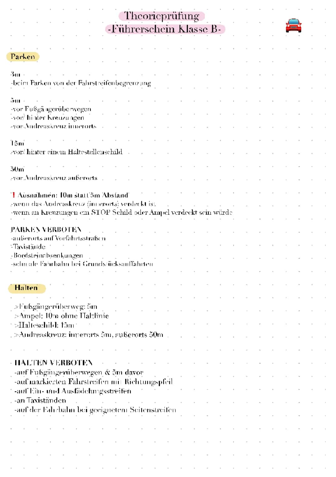 Führerschein Theorie Zusammenfassung PDF und Zahlenfragen für Klasse B
