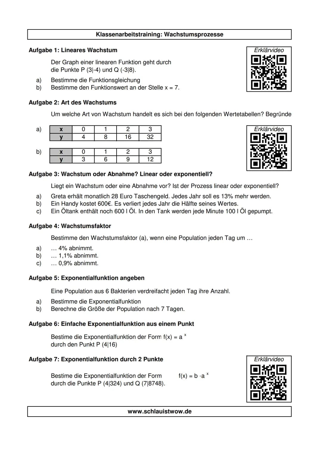 Aufgabe 1: Lineares Wachstum
a)
b)
a)
b)
Aufgabe 2: Art des Wachstums
Um welche Art von Wachstum handelt es sich bei den folgenden Wertetabe