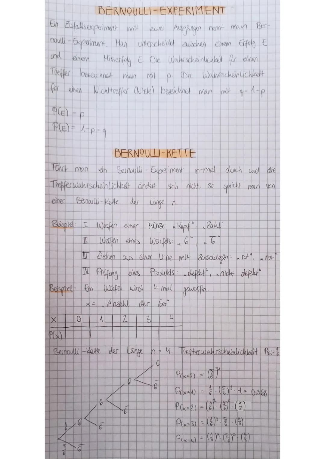 BERNOULLI-EXPERIMENT
Ein Zufallsexpoiment will
zwei Ausgängen nennt man Ber-
noulli-Experiment. Man unterscheidet zwischen einem Erfolg E
ei