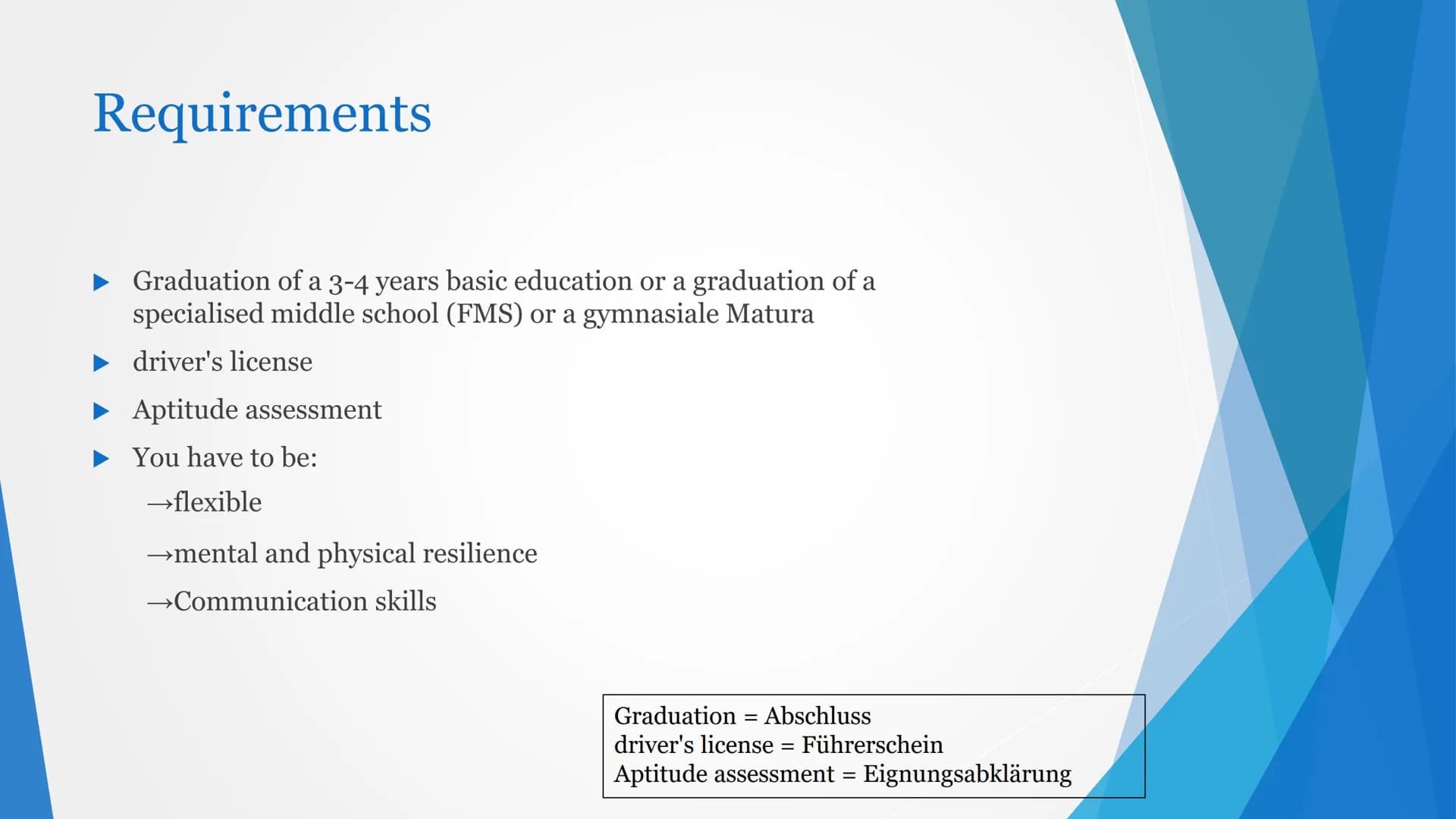 Paramedic Content
► Why do I want to be a paramedic?
Requirements
Education
Tasks
Workwear
► Workplaces
Working hours and the wage
Daily rou