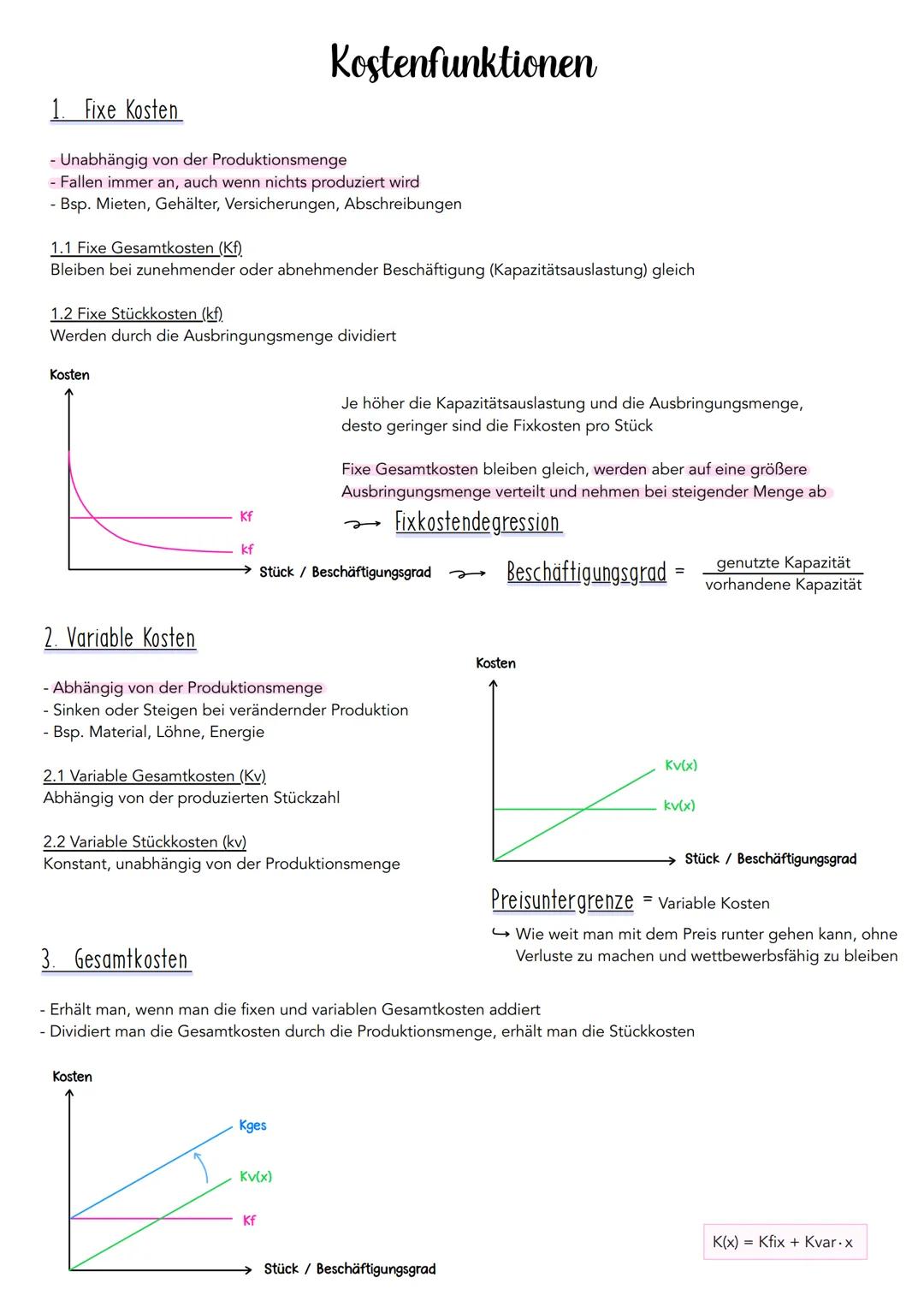 1. Fixe Kosten
- Unabhängig von der Produktionsmenge
- Fallen immer an, auch wenn nichts produziert wird
- Bsp. Mieten, Gehälter, Versicheru