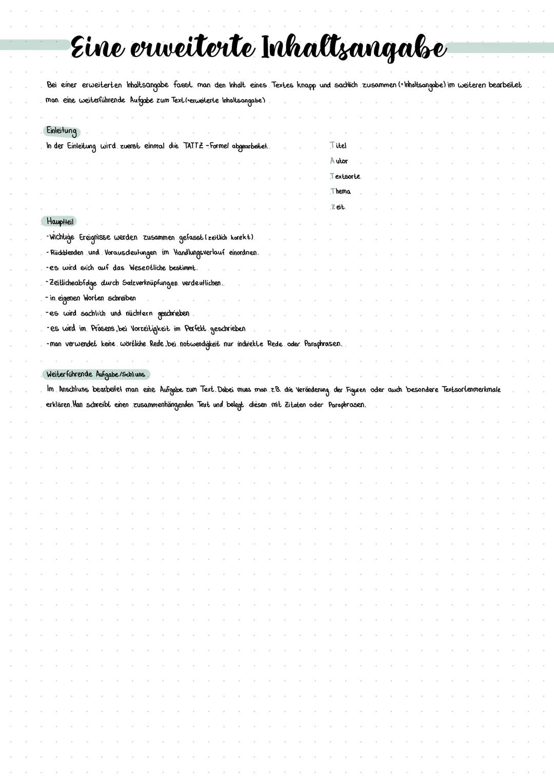 Eine erweiterte Inhaltsangabe
Bei einer erweiterten Inhaltsangabe fasst man den Inhalt eines Textes knapp und sachlich zusammen (=Inhaltsang