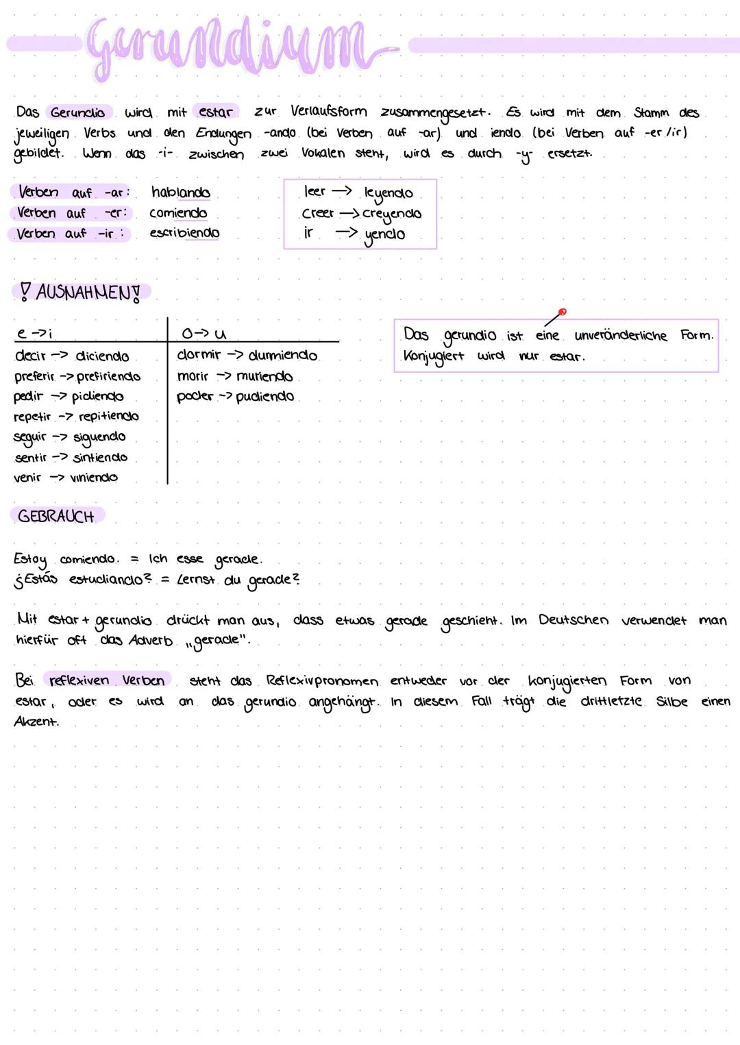 Gerundium
Das Gerunclio wird mit estar.
zur Verlaufsform zusammengesetzt. Es wird mit dem Stamm des
jeweiligen Verbs und den Endungen -ando 