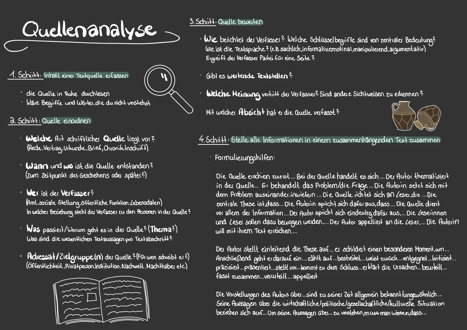 Quellenanalyse
1. Schritt: Inhalt einer Textquelle erfassen
die Quelle in Ruhe durchlesen
klare Begriffe und Wörter, die du nicht verstehst
