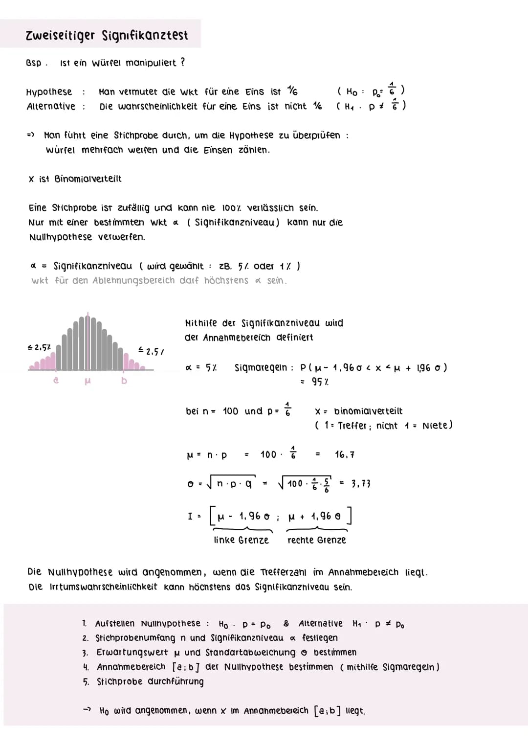 Einseitiger Hypothesentest
Stichprobenumfang n und Siknifikanzniveau & werden festgelegt
Linksseitiger Hypothesentest
Nullhypothese Ho :
Alt