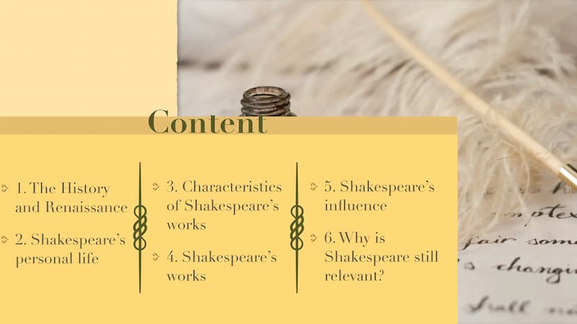 Cau
William Shakespeare > 1. The History
and Renaissance
> 2. Shakespeare's
personal life
Content
> 3. Characteristics
of Shakespeare's
work