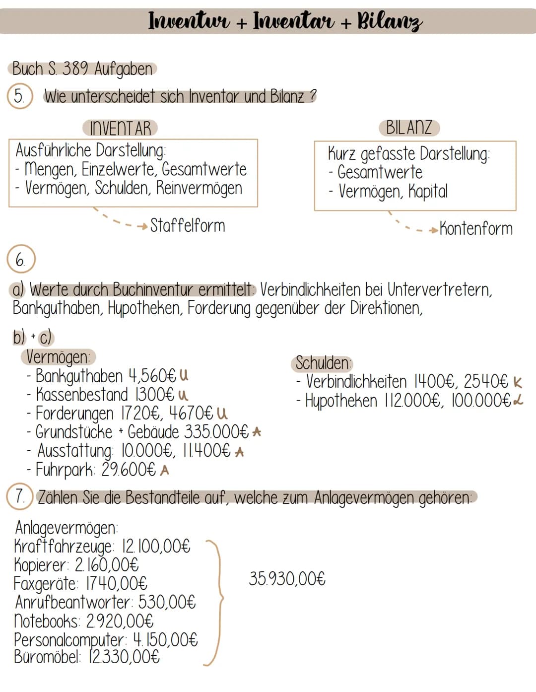 Inventur + Inventar + Bilanz
Buch S. 389 Aufgaben
O
Inventur die Tätigkeit zur Feststellung des Vermögens und der Schulden
Inventar eine nac