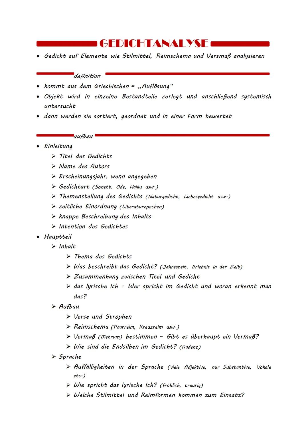 # GEDICHTANALYSE

*   Gedicht auf Elemente wie Stilmittel, Reimschema und Versmaß analysieren

definition
*   kommt aus dem Griechischen = „