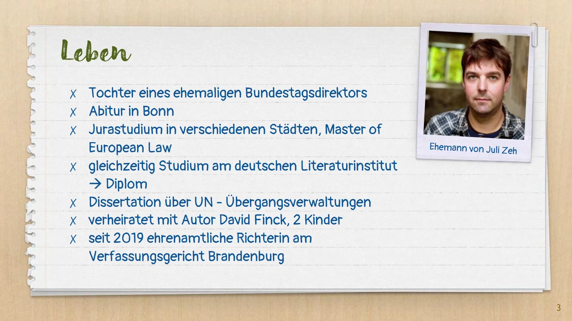 Juli Zeh
- Autorin -
/ Julia Barbara Finck
30. Juni 1974 in Bonn Gliederung
X Leben
X
Werke
X Politisches Engagement
X Gründe für Corpus Del