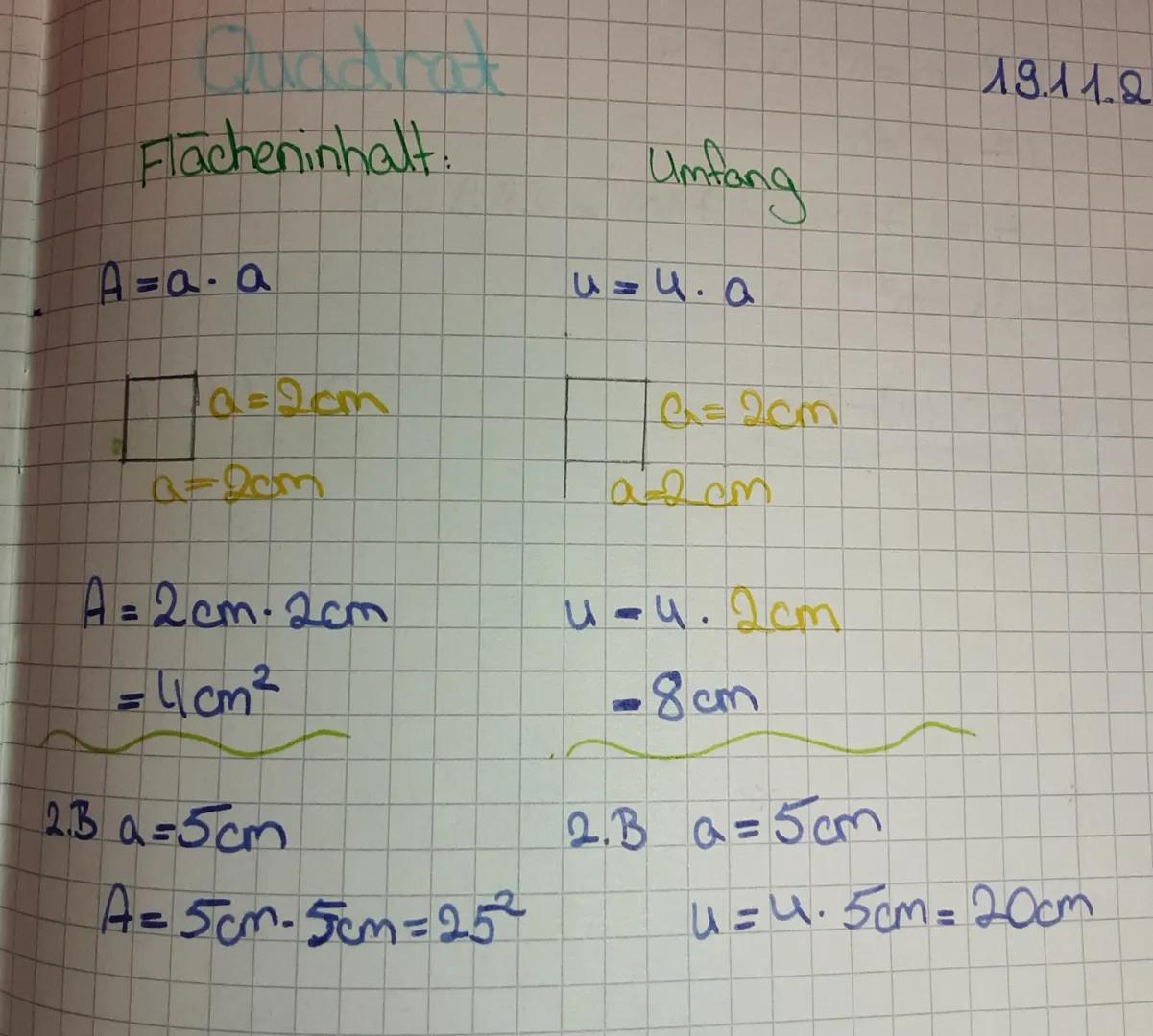 Rechteck

Flächeneinhalt A-a.b und


a = 4cm

b=2cm

A=4cm.2cm

A=8cm²

Umfang u=2.a+ 2.0=2(a+b)


6-2cm

a=4cm

u=2.(a+b)

=2.(4cm+2cm)

-
