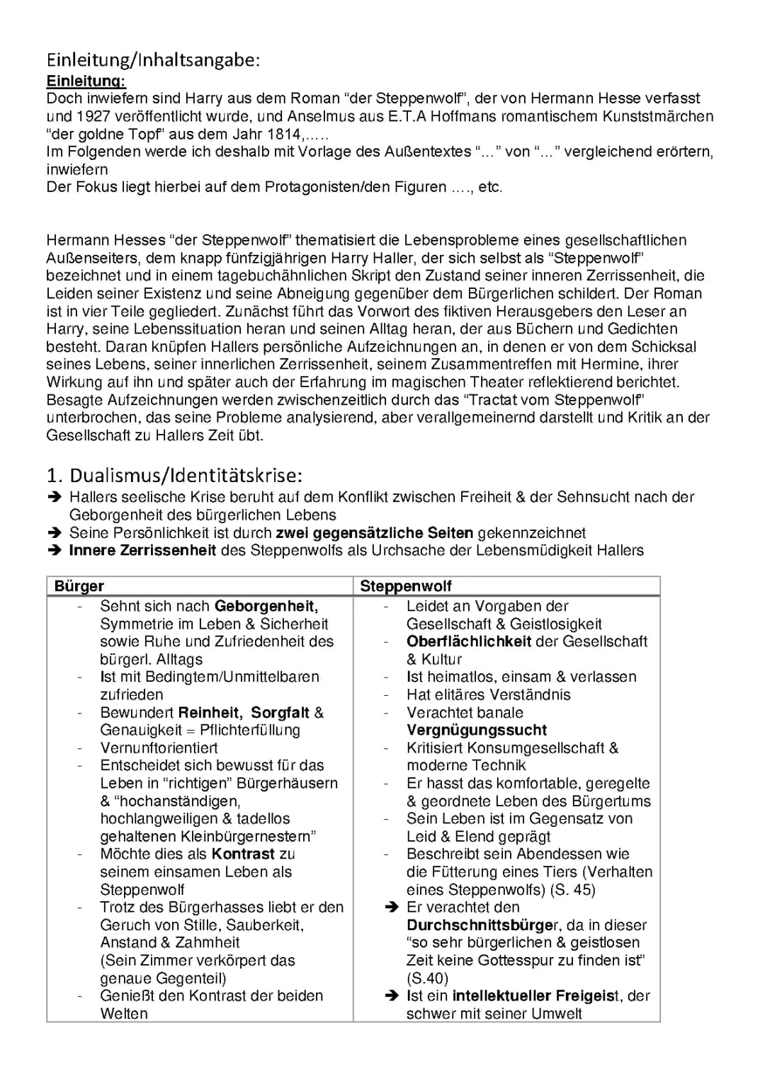 Der Steppenwolf - komplette Zusammenfassung Abitur