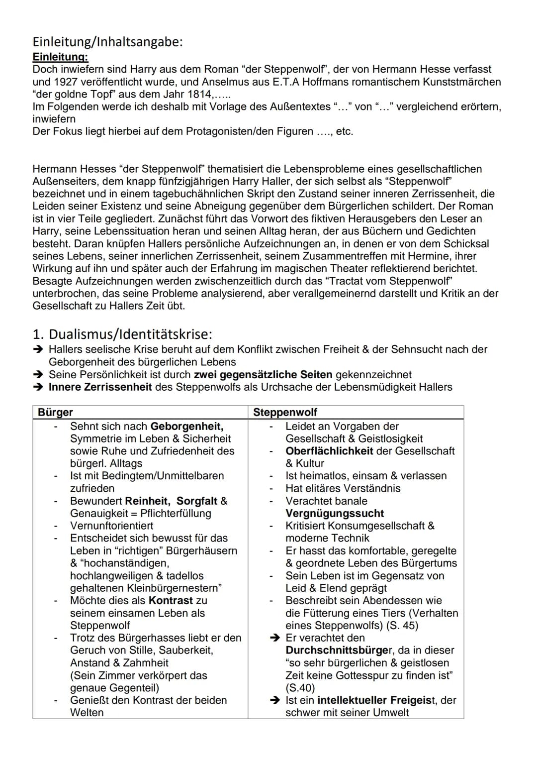 Einleitung/Inhaltsangabe:
Einleitung:
Doch inwiefern sind Harry aus dem Roman "der Steppenwolf", der von Hermann Hesse verfasst
und 1927 ver