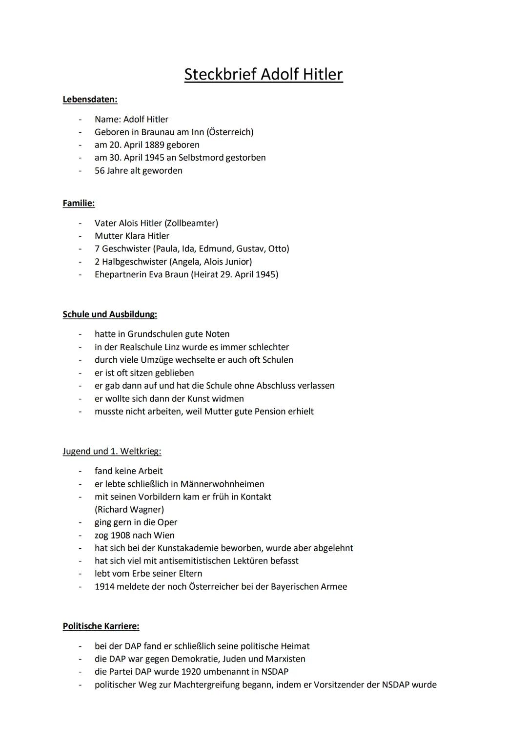 Steckbrief Adolf Hitler