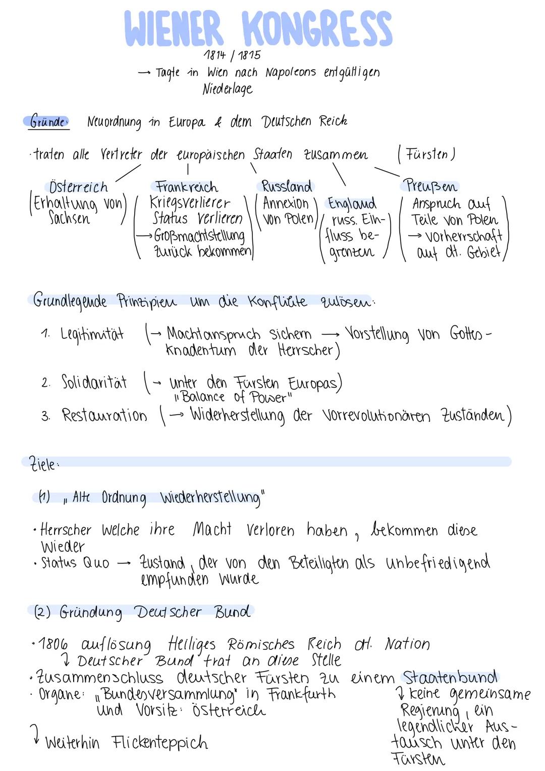 # WIENER KONGRESS
1814/1815
→Tagte in Wien nach Napoleons entgültigen
Niederlage

Gründe Neuordnung in Europa & dem Deutschen Reich

traten 