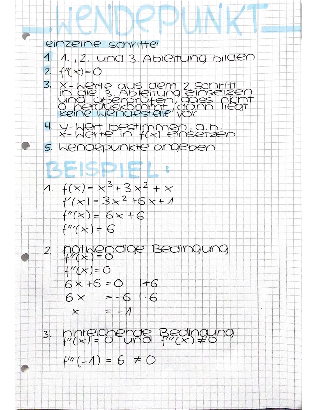 WENDEPUNKT
einzelne Schritte:
1. 1., 2. und 3. Ableitung bilden
2. f(x)=0
3.
ir-Werte aus dem 2. Schritt
23. Ableitung einsetzen
und denomin
