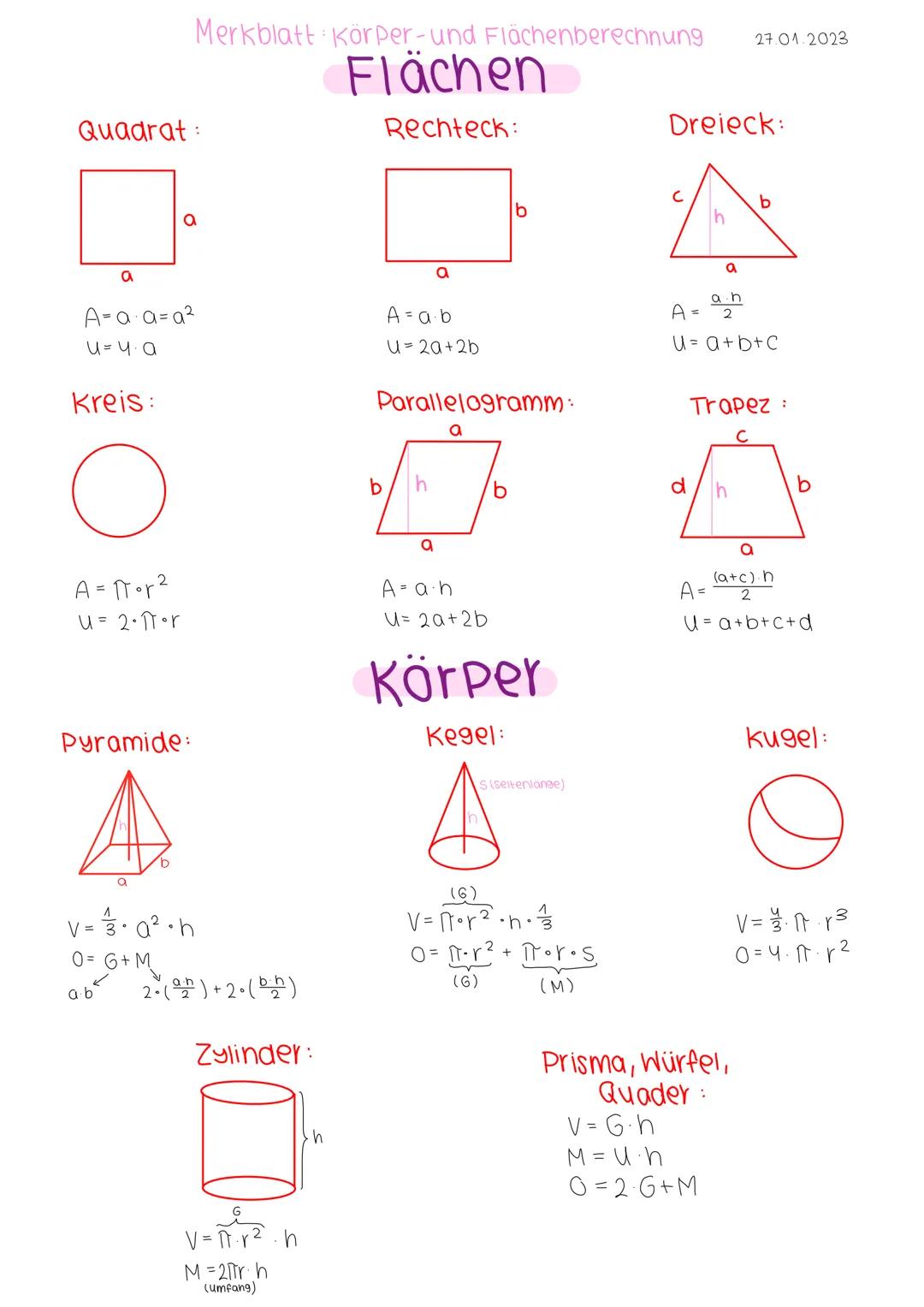 Merkblatt Körper-und Flächenberechnung
Flächen
Quadrat:

$a$
$A=a \cdot a = a^2$
$u = 4 \cdot a$
Kreis:

$A = \pi \cdot r^2$
$u = 2 \cdot \p