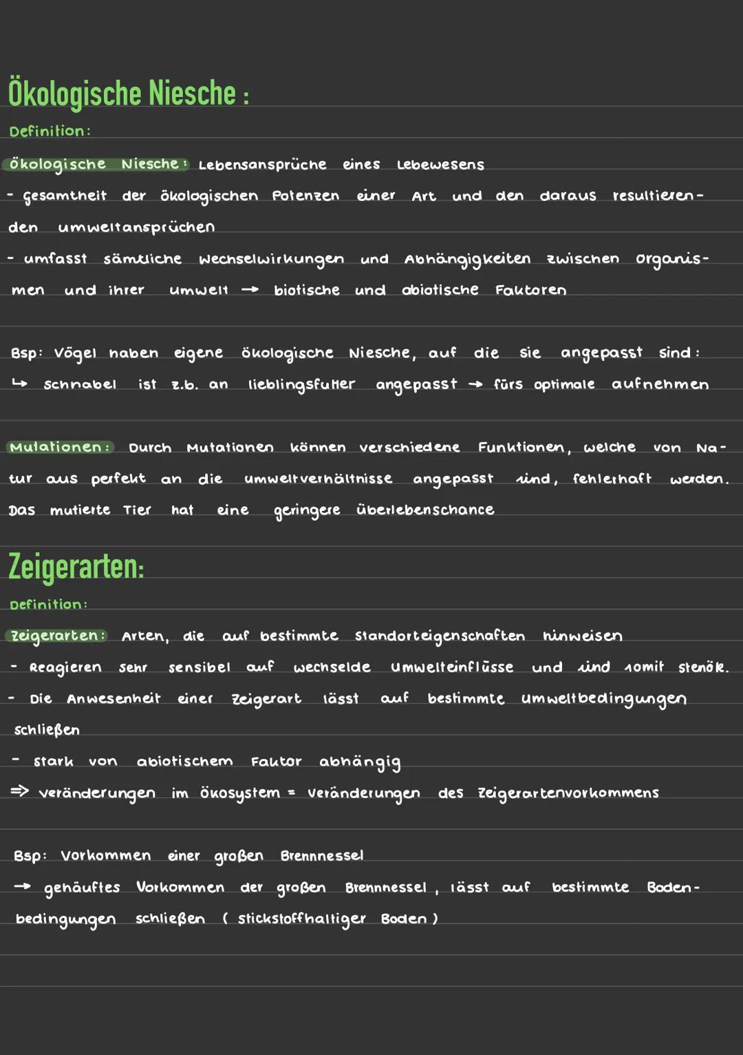 Ökologische Niesche:
Definition:
ökologische Niesche Lebensansprüche eines Lebewesens
gesamtheit der ökologischen Potenzen einer Art und den