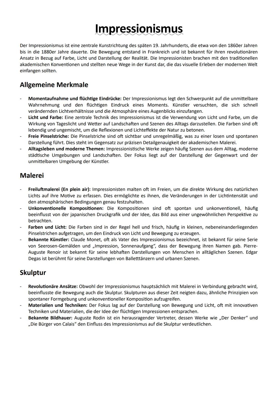 Impressionismus
Der Impressionismus ist eine zentrale Kunstrichtung des späten 19. Jahrhunderts, die etwa von den 1860er Jahren
bis in die 1