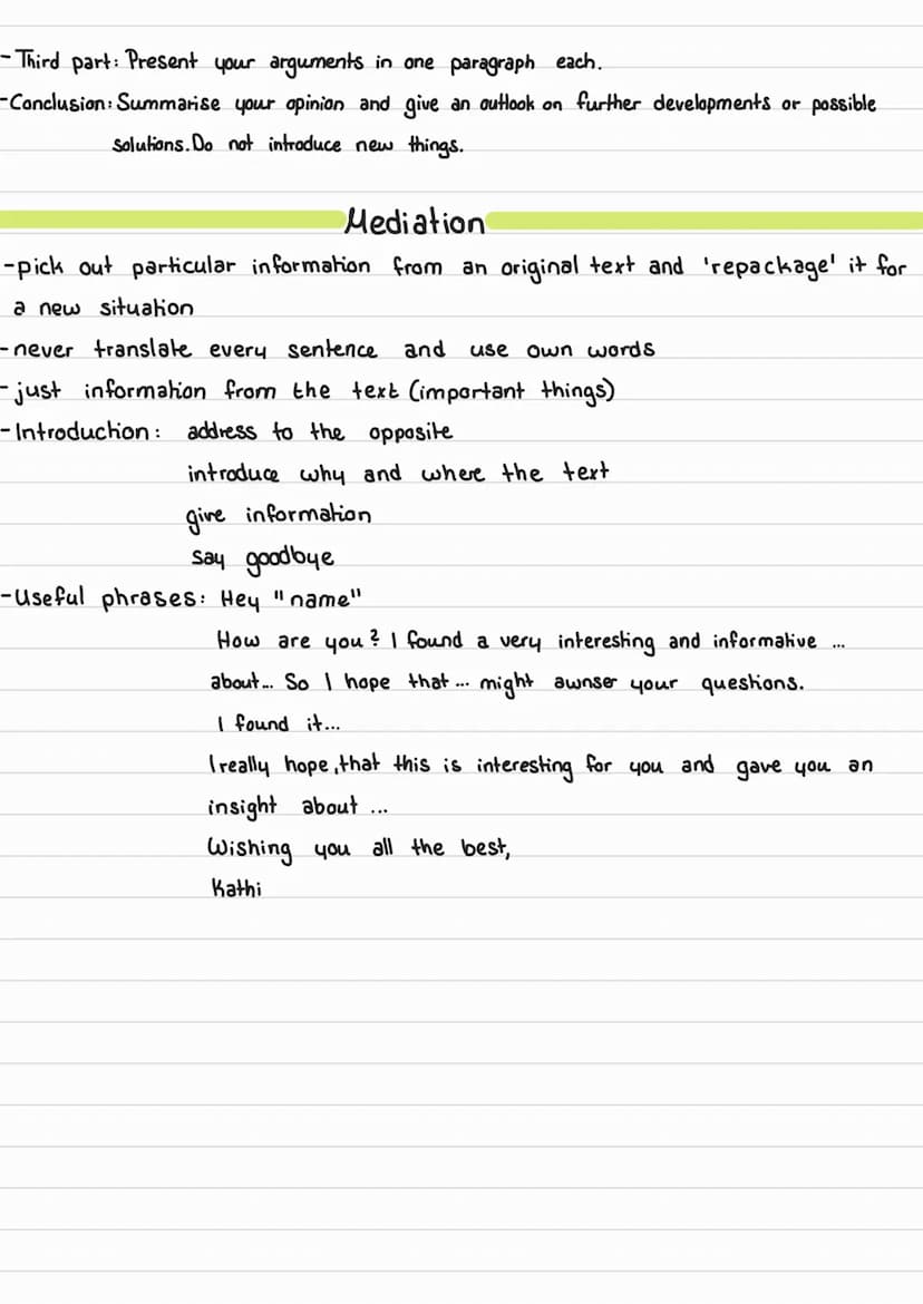 Summary
->Summarise, sum up
> briefly restate the author's main ideas (aspects)
- First sentence: Repetition of the task
text type,title, au