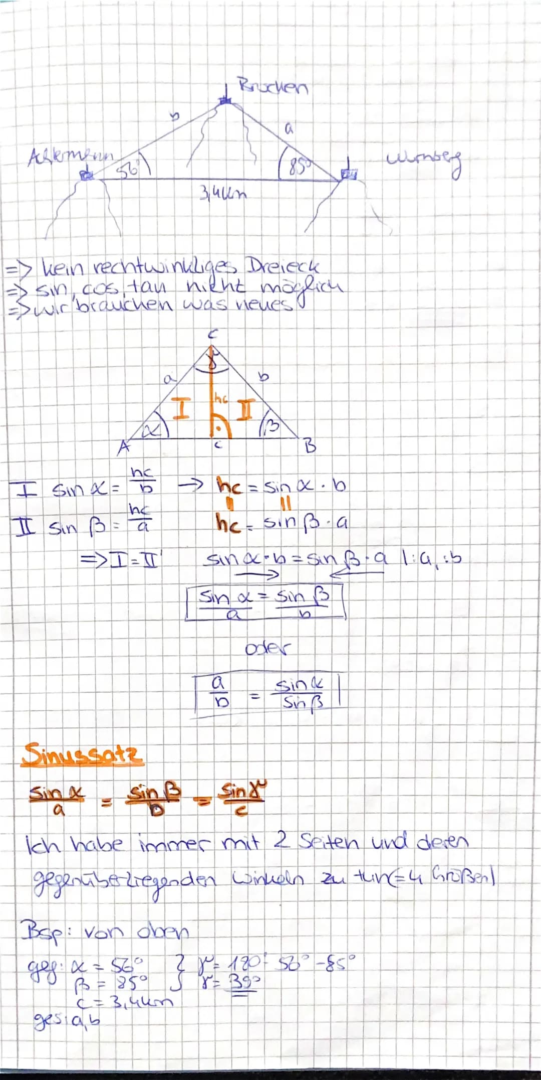 Askmenn
561
-> kein rechtwinkliges Dreieck
sin cos tan nicht möglich
-Swir brauchen was neues
A
3
I sin x =
he
I Sin B = a
=>I-T
16
hc
Sinus