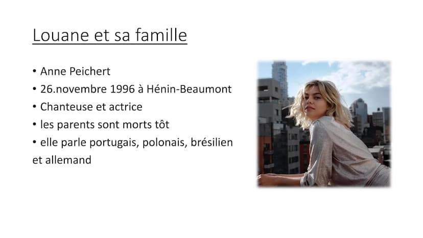 Französisch mündliche Prüfung
Bonjour et bienvenue dans ma présentation. Aujourd'hui je vous presente la chanteuse
Louane. Je vais d'abord v