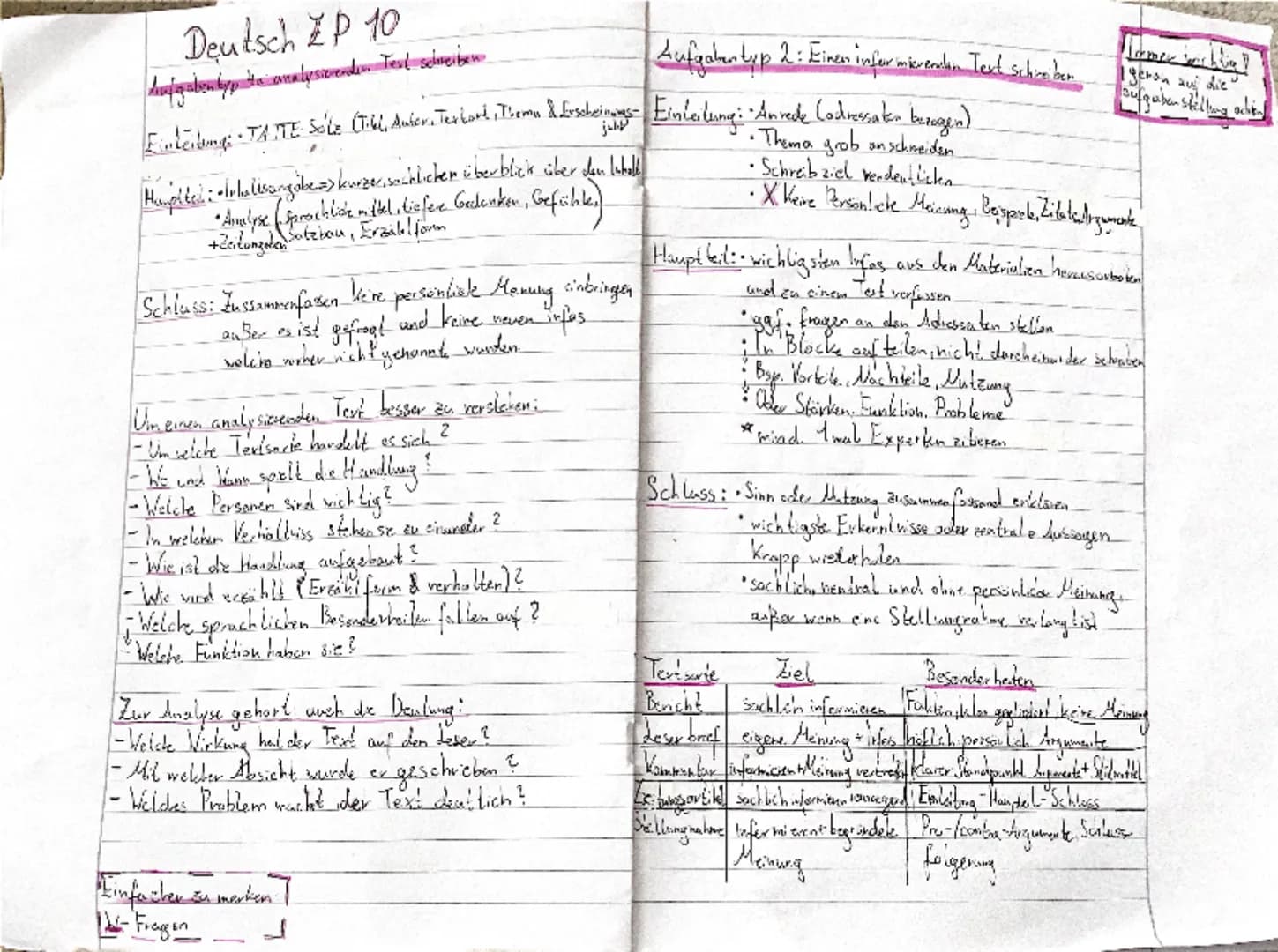 # Deutsch  EP 10

# Aufgabentyp 1: analysierenden Text schreiben
- Einleitung: TITELE (Titel, Autor, Textart, Thema & Leseerlebnis)
- Hauptt