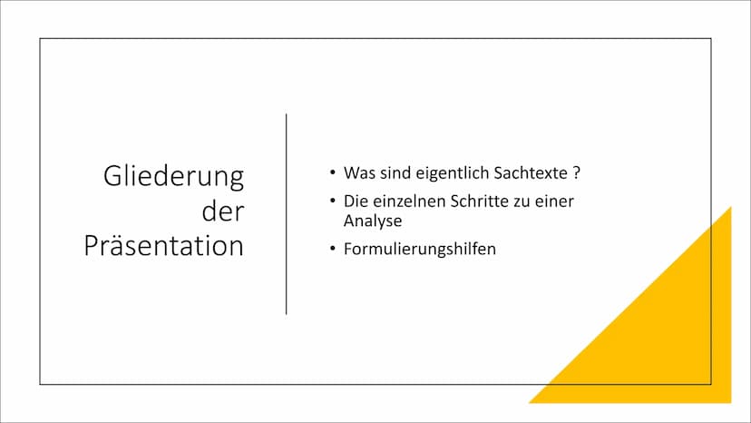 Sachtext Analyse Gliederung
der
Präsentation
●
●
●
Was sind eigentlich Sachtexte ?
Die einzelnen Schritte zu einer
Analyse
Formulierungshilf