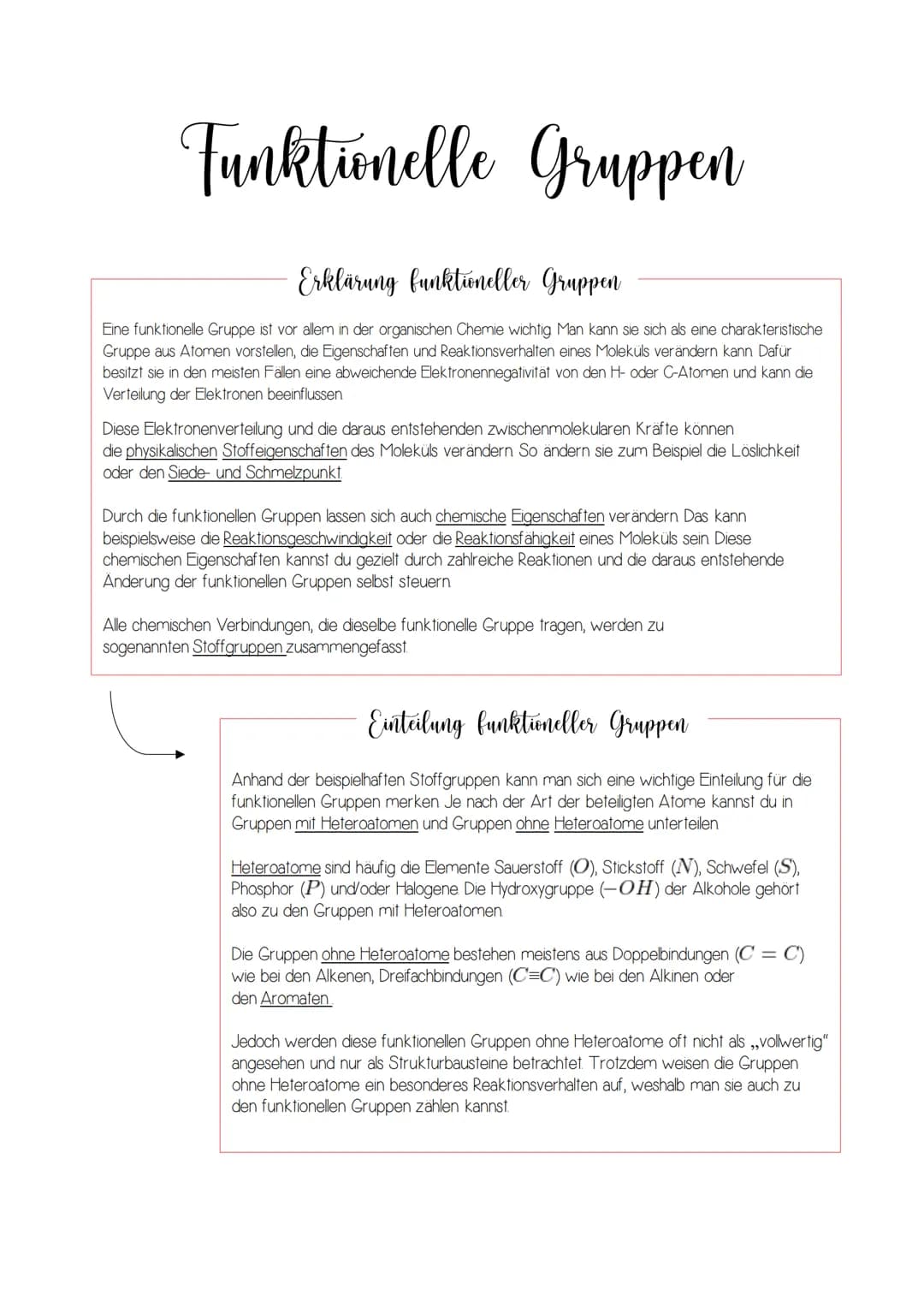 Funktionelle Gruppen
Erklärung funktioneller Gruppen
Eine funktionelle Gruppe ist vor allem in der organischen Chemie wichtig Man kann sie s