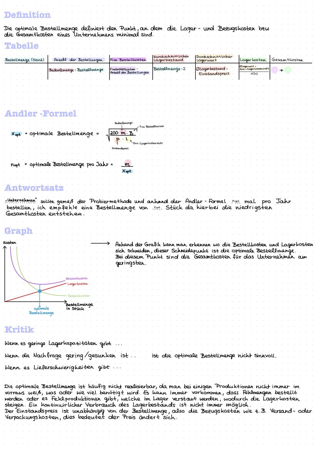 # Definition
Die optimale Bestellmenge definiert den Punkt, an dem die Lager- und Bezugskosten bew
die Gesamtkosten eines Unternehmens minim