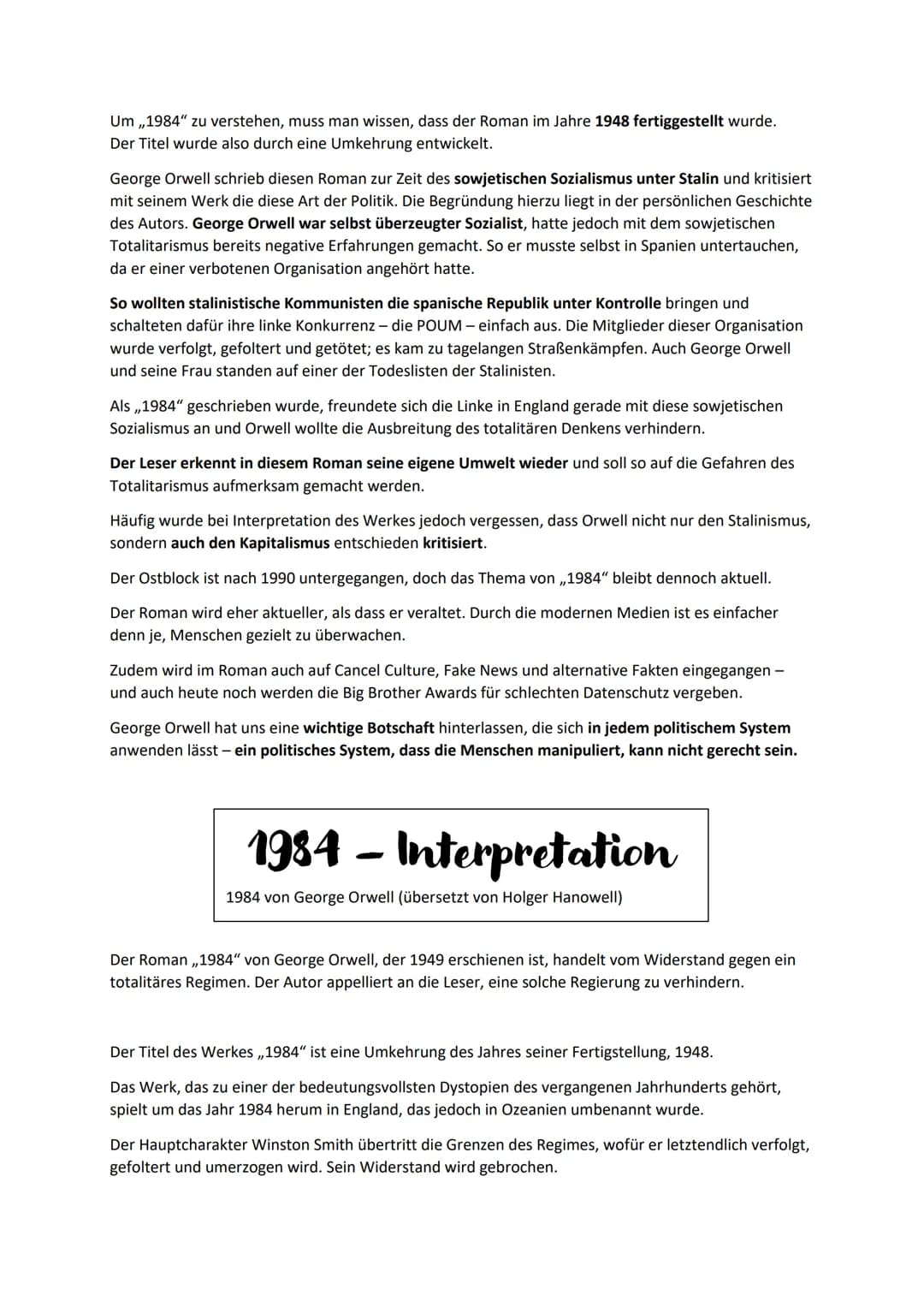 1984 - VOLLSTÄNDIGE Analyse
1984 von George Orwell (übersetzt von Holger Hanowell)
Handlungsübersicht, Charakterisierungen, zeitliche Einord