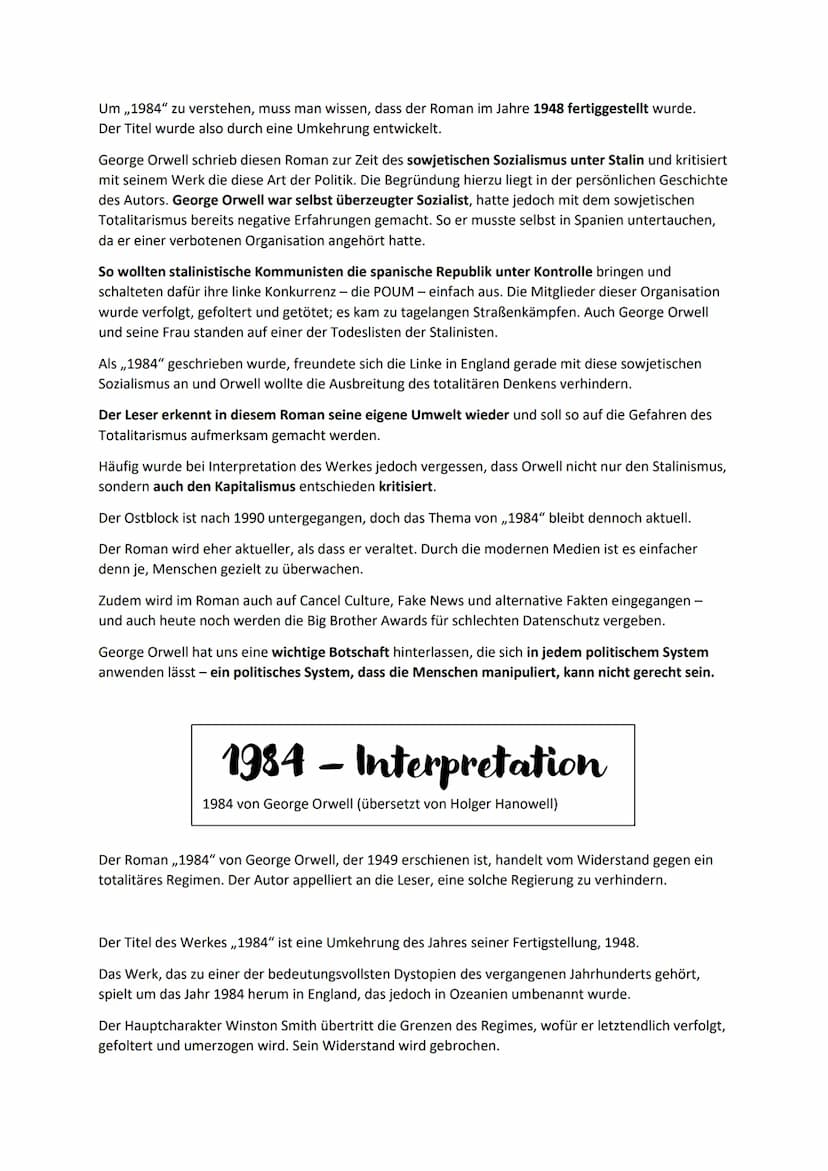1984 - VOLLSTÄNDIGE Analyse
1984 von George Orwell (übersetzt von Holger Hanowell)
Handlungsübersicht, Charakterisierungen, zeitliche Einord