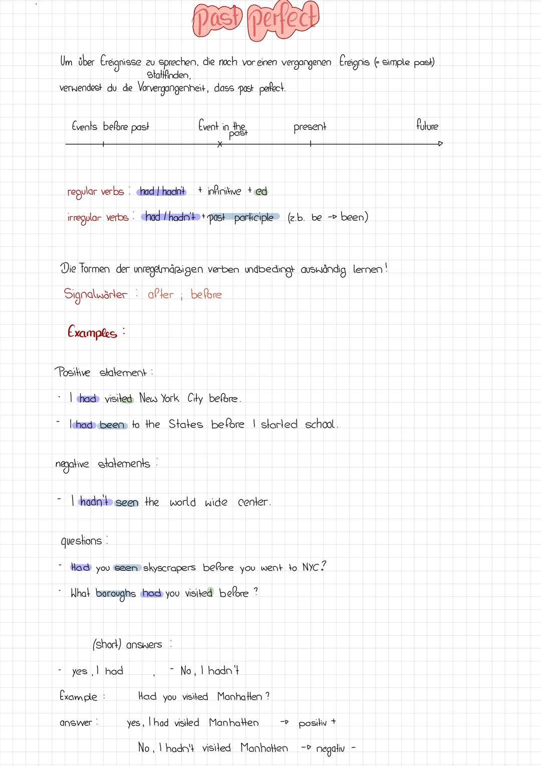 # Past perfect

Um über Ereignisse zu sprechen, die noch vor einen vergangenen Ereignis (simple past)
Statifinden.
verwendest du die Vorverg