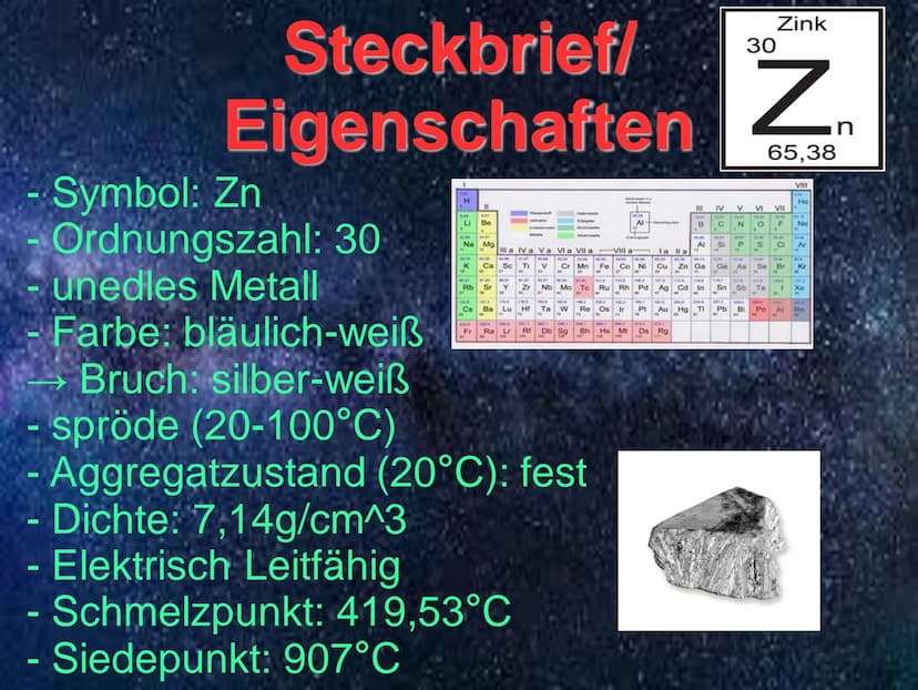 INK Steckbrief/
Eigenschaften Z
65,38
- Symbol: Zn
Ordnungszahl: 30-
unedles Metall
Farbe: bläulich-weiß
Bruch: silber-weiß
- spröde (20-100