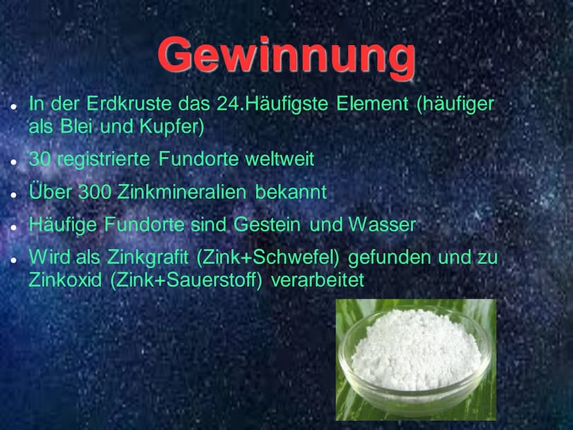 INK Steckbrief/
Eigenschaften Z
65,38
- Symbol: Zn
Ordnungszahl: 30-
unedles Metall
Farbe: bläulich-weiß
Bruch: silber-weiß
- spröde (20-100
