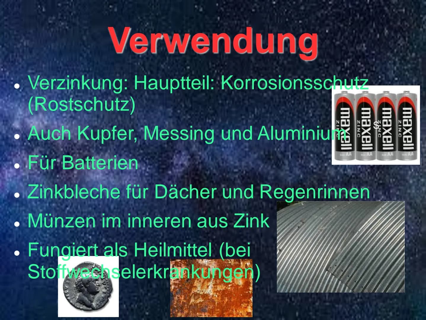 INK Steckbrief/
Eigenschaften Z
65,38
- Symbol: Zn
Ordnungszahl: 30-
unedles Metall
Farbe: bläulich-weiß
Bruch: silber-weiß
- spröde (20-100