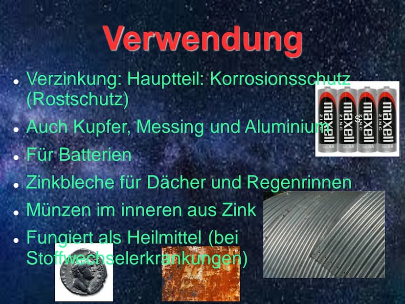 INK Steckbrief/
Eigenschaften Z
65,38
- Symbol: Zn
Ordnungszahl: 30-
unedles Metall
Farbe: bläulich-weiß
Bruch: silber-weiß
- spröde (20-100